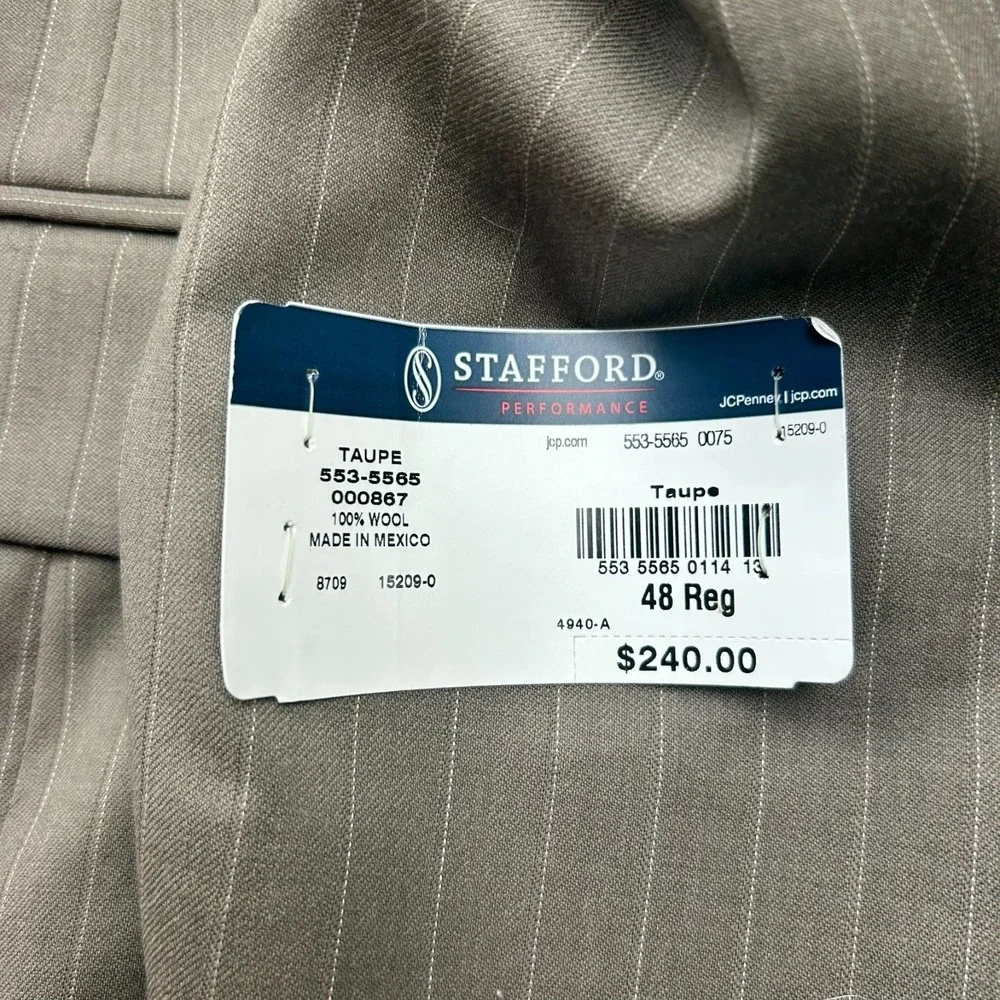 Stafford Performance Classic Fit Worsted‎ Wool Blazer Mens 48R Taupe Striped NEW